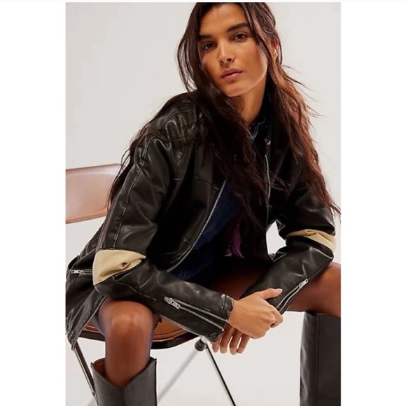 Free People Ryder Black Moto Jacket with Cream Stripe SZ L NEW - Picture 2 of 14